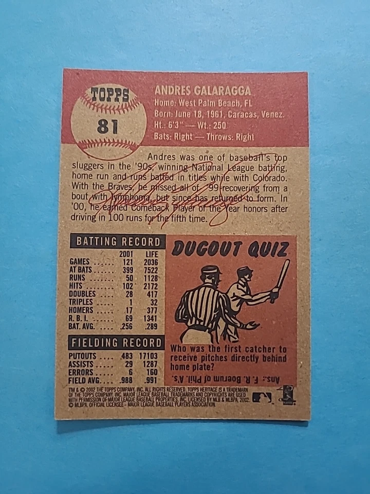 ANDRES GALARRAGA 2002 TOPPS HERITAGE BASEBALL CARD # 81 H3973 - Image 2 of 2