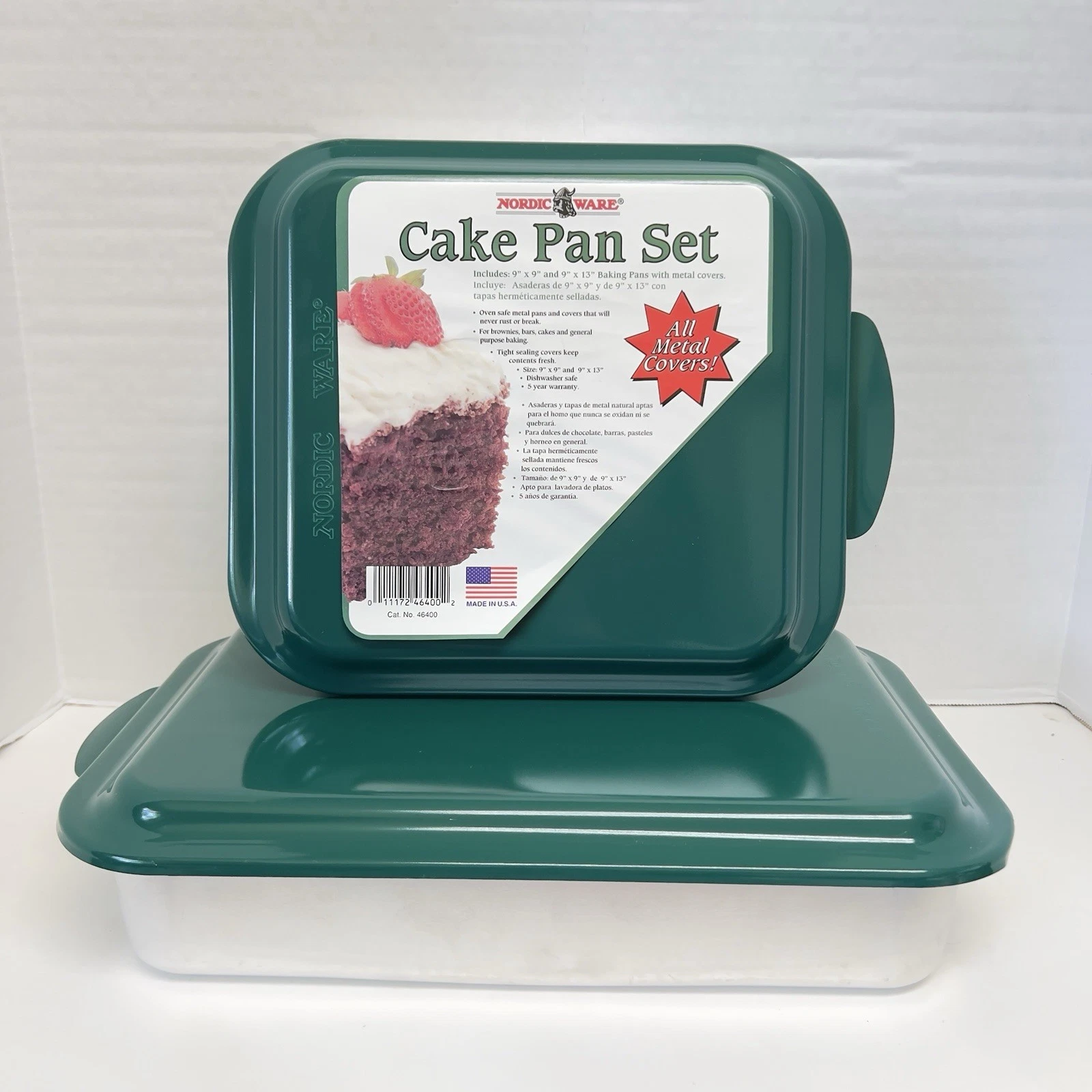 New Vtg Nordic Ware Covered Cake Lasagna Pan 9x13 9x9 Set Green USA Aluminum