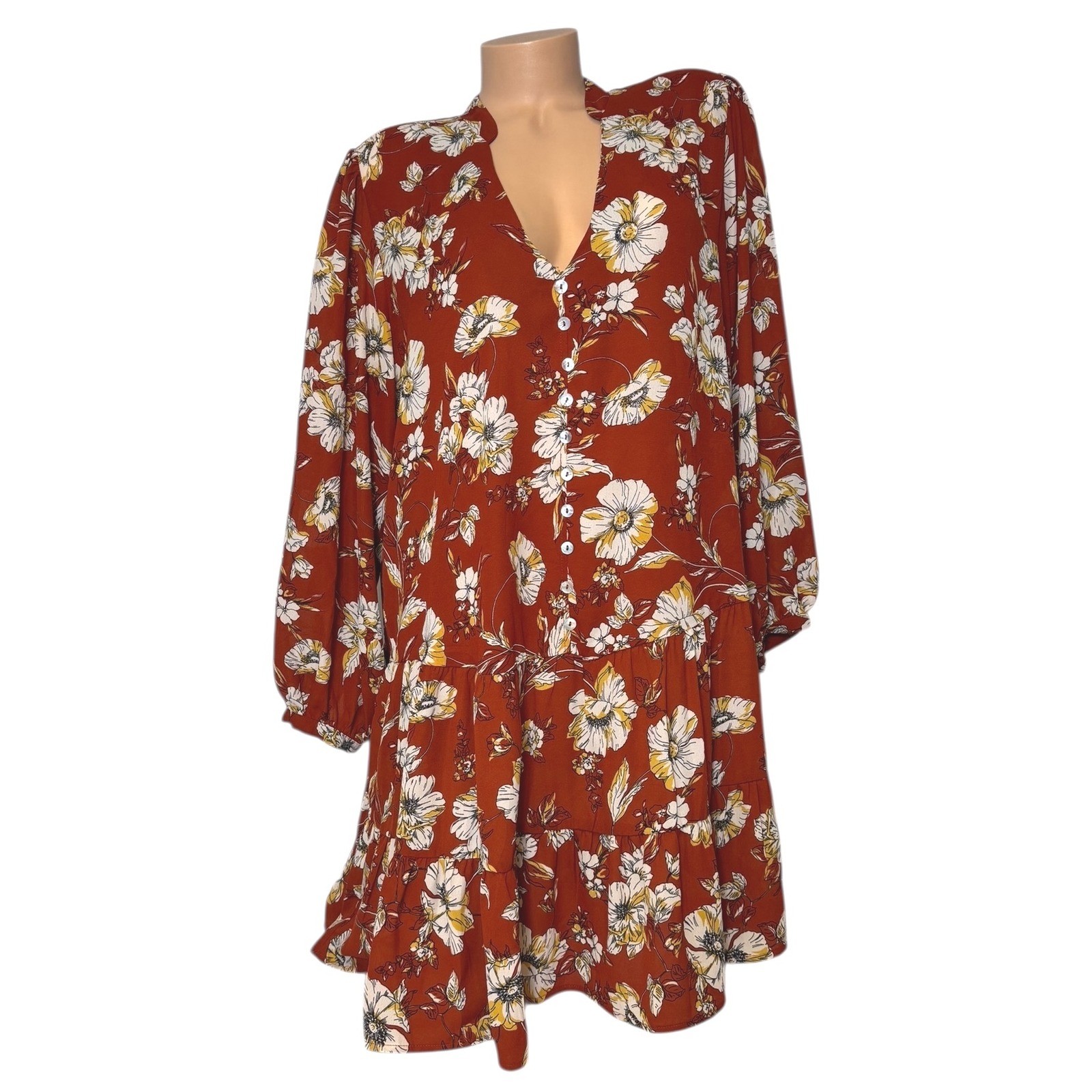 EMMA & MICHELE Sz 1X Rust Floral Print Tiered Ruffle Hem V Neck Button Up Dress