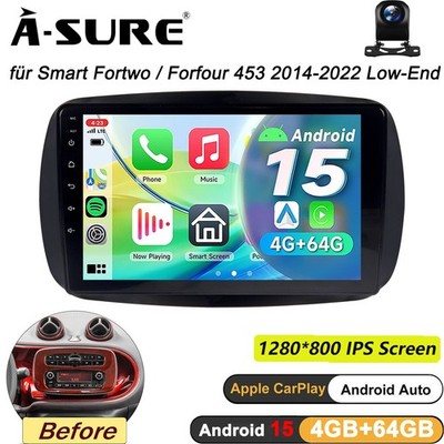 4+64GB Android 15 Autoradio Carplay GPS Navi Mit Kam Für Smart Fortwo 453 LowEnd