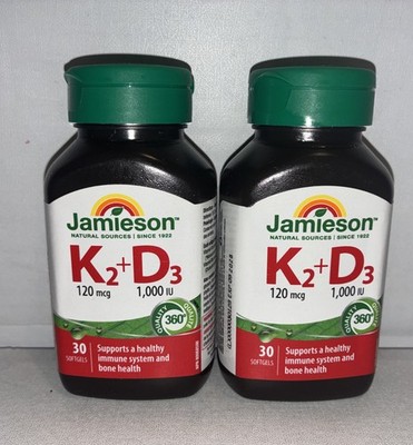 Lot Of 2-Jamieson K2 120 mcg +D3 1000 IU,30 soft gels Each/ Exp 09/2028