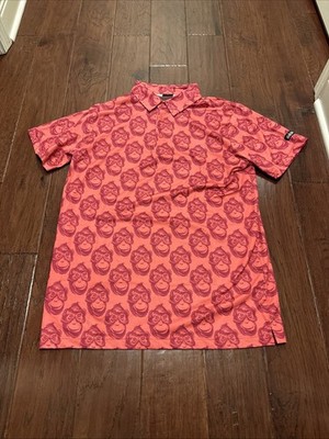Golf Gods Polo Mens L Red Monkey Print Performance Lightweight Sports Outdoors