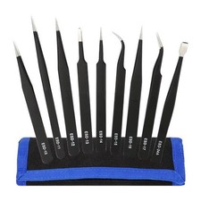 ESD Tweezer Set 9 Pcs - Anti-static Stainless Steel With Non Magnetic Tips