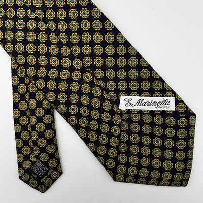 E. Marinella Napoli Silk Tie Navy Blue Yellow Floral Medallion Wide 3.7'' NWOT