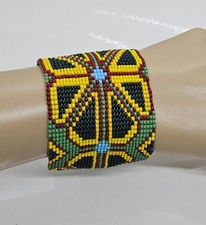 Vintage Beaded Wide Bracelet Multicolor Flower Design 6"