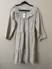 NWT J Crew Fact Seersucker ruffleneck mini dress Sz 12 Khaki Gingham Pockets