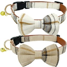 2 Pack Dog Collars, Bow Tie, Bells, Beige, Brown, Adjustable, Small, Medium