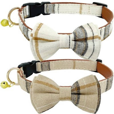2 Pack Dog Collars, Bow Tie, Bells, Beige, Brown, Adjustable, Small, Medium