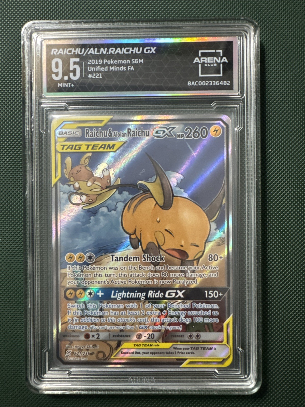 Pokémon TCG Raichu Alolan Raichu GX Unified Minds Alternative Art 221/236 Ac 9.5