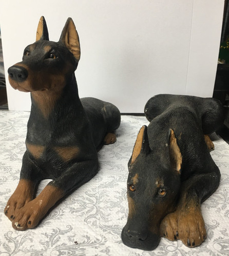 PAIR-1985 Sandicast Doberman Dog Sculptures 10.5” Signed Sandra Brue USA VINTAGE