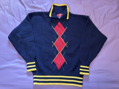 Vintage Espirit Sport Sweater Womens Medium Blue Yellow Red Argyle Itchy Wool