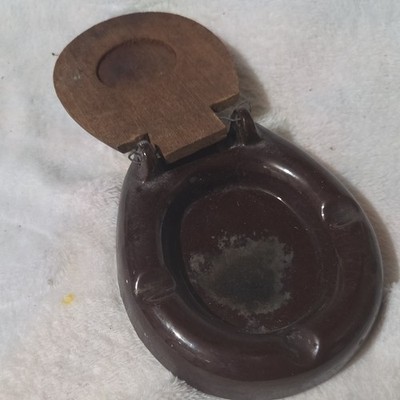 Vintage Ceramic Car Ashtray with Wooden Lid, Japan Novelty Brown Ashtray