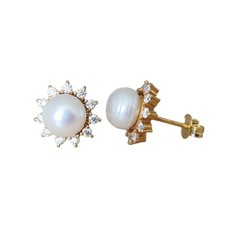 Gold Plated Freshwater Pearl & Moissanite Halo Studs, 925 Sterling Silver