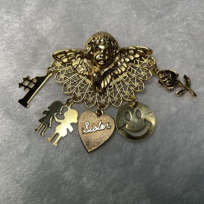 Angel Gold Tone Brooch with Sister , Rose , Smily Face , #1 & 2 Sister charms