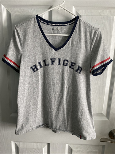 Tommy Hilfiger T Shirt Top Womens Size Large V Neck Short Sleeve Tee Gray - Picture 1 of 6