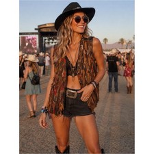 A.J. Bari Leather Fringe Shag Vest Boho Western Festival Stagecoach Size M