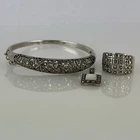 Vintage 925 Sterling Silver Marcasite Hinged Bracelet, Ring, & Pendant Set