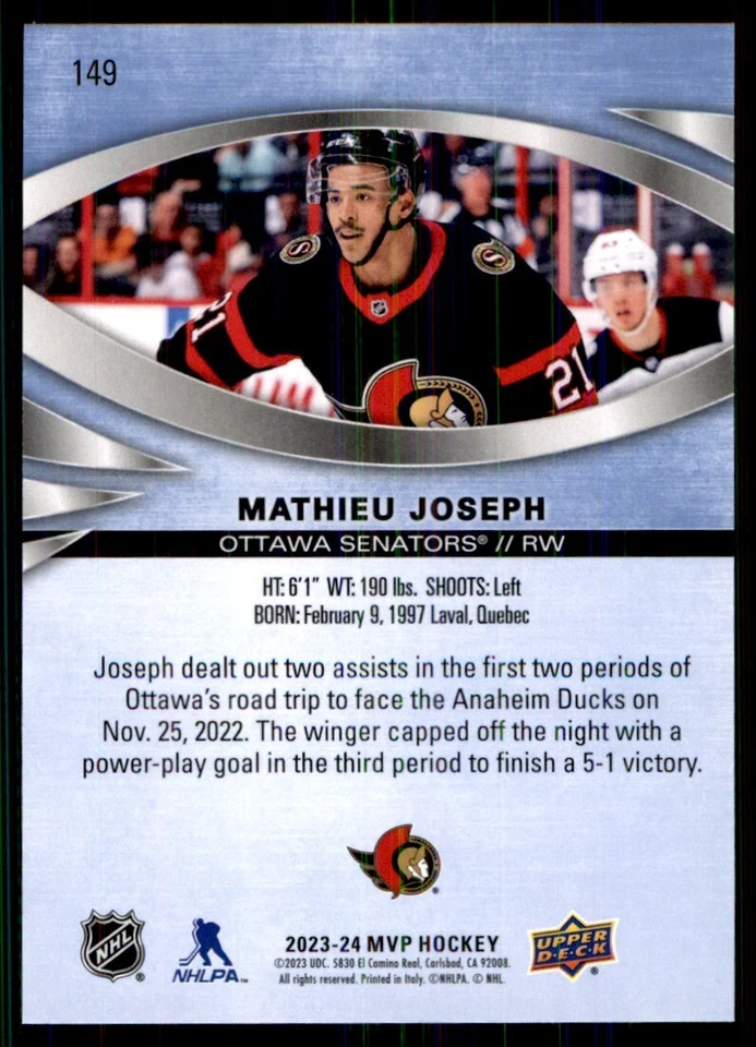 2023-24 Upper Deck MVP Mathieu Joseph Ottawa Senators #149 - Image 2 of 2