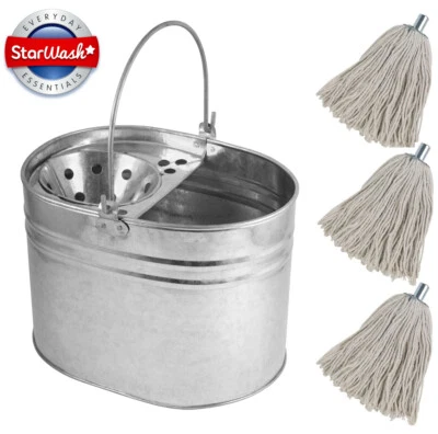 STARWASH Heavy Duty Metal Mop Bucket Galvanised Cotton Floor Mop Head Set Strong 14 LITRE