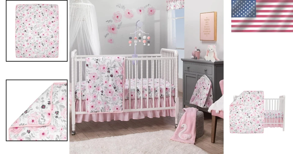 Elegante Juego de Cama Cuna Bebé 3 Piezas con Estampado Floral Acuarela - Regalo Perfecto Foto 2 de 4