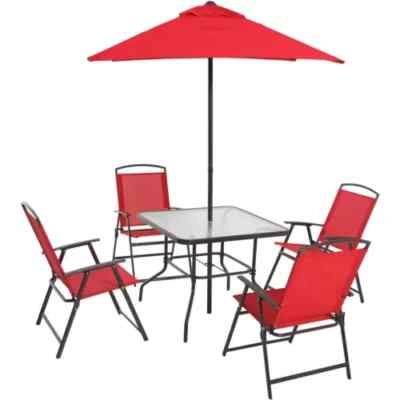 #ad Mainstays Albany Lane Steel 6 Piece Outdoor Patio Dining Set with Umbrella Red $129.99