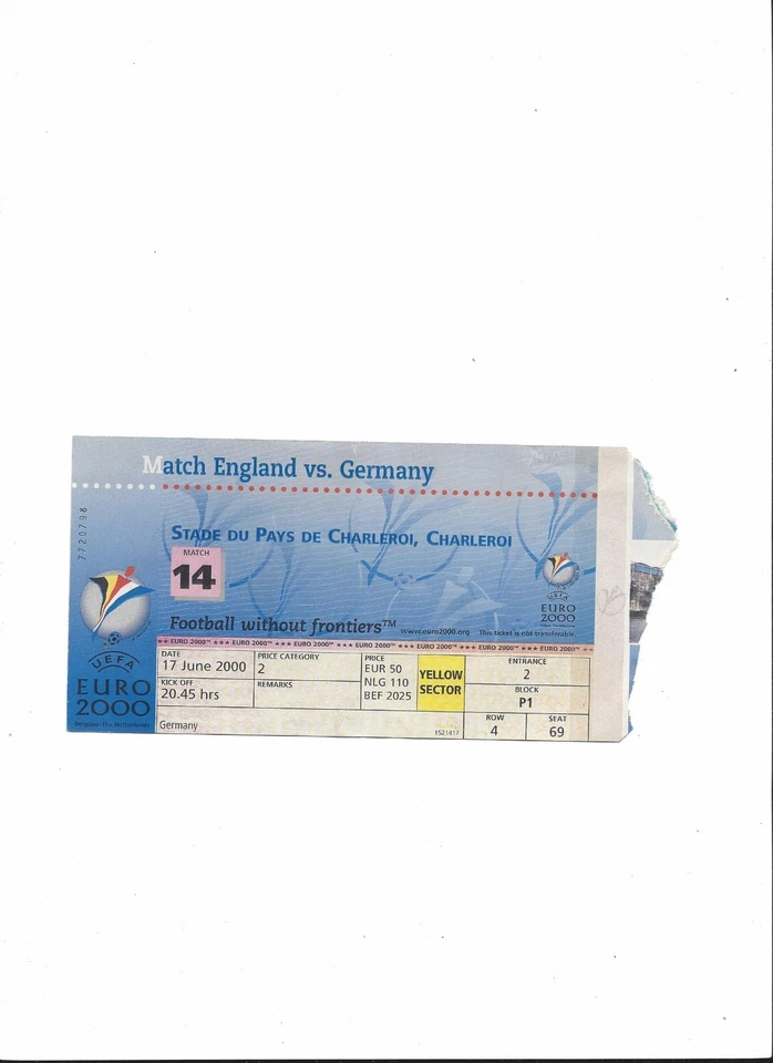 Euro 2000: ENGLAND - DEUTSCHLAND, 17.06.2000, Sammler Ticket, EM Belgien/Holland - Bild 1 von 1