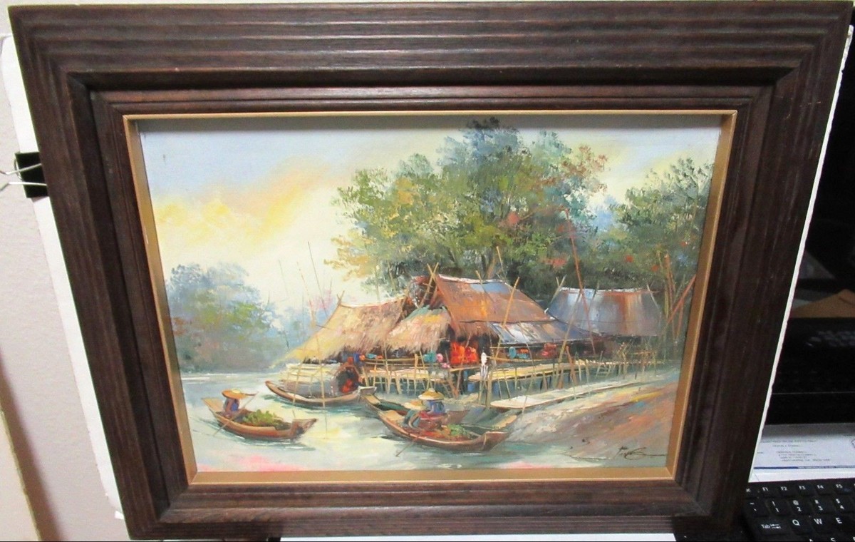 PONG THAILAND MARKET BOATS ORIGINAL OIL ON CANVAS PAINTING | eBay