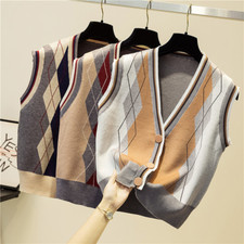 Women Knitted Check Vest Waistcoat Gilet Cardigan Preppy Sweater Tank Tops