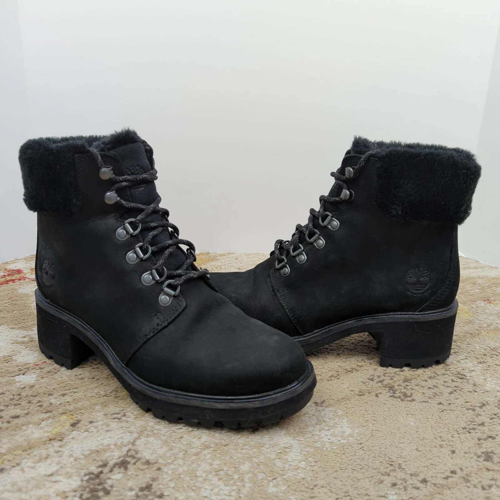 Stivali donna Timberland Kinsley taglia 8 stivali neri in pelle tacco stile pelliccia A23GF