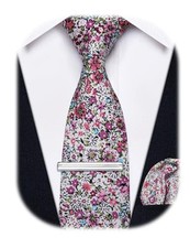 2.5" Men's Skinny Tie Cotton FloraL Printed Necktie Tie Clip Dark Pink Floral