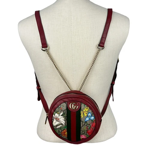 Authentique sac à dos rond Gucci rouge Ophidia Supreme GG toile fleurie garanti