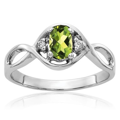 14K massiver Weißgold ovaler Peridot Diamant Ring