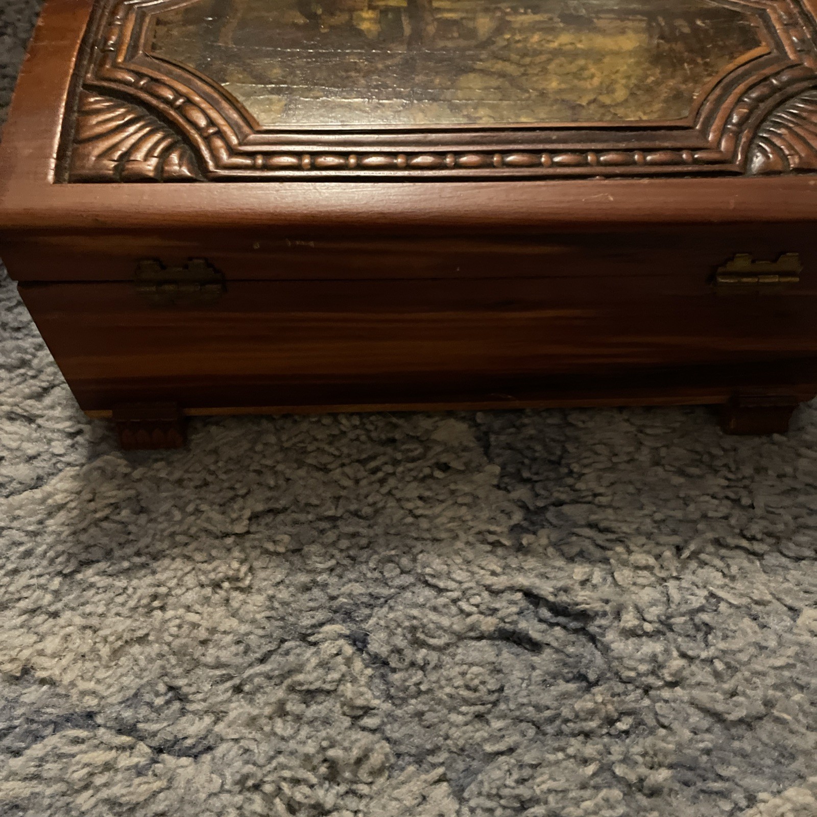 Antique Vtg Ornate Hand Carved Wood Jewelry Box Brass Hardware