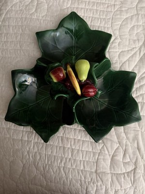 Vintage Green Leaf Ceramic Three Dish Plate With Decorative Fruits & Vegetables