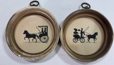 VTG Victorian Silhouette Wall Pictures Set 2 Colonial Horse Carriage Round Frame