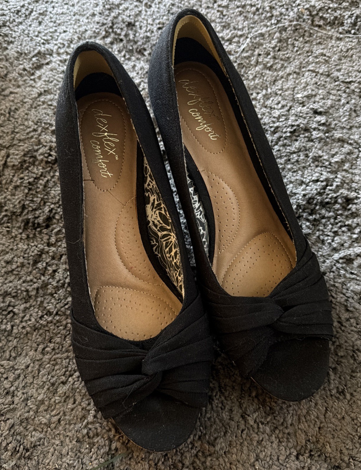 Dexflex Comfort Women's Shoe Black Fabric Cork Wedge Peep Toe Slip On Sz 9