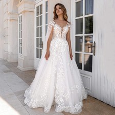 A Line Wedding Dress with Cap Sleeve illusion Neck Lace Sweep Train Bridal Gowns