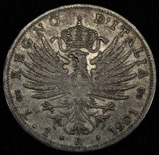 Italy Victor Emmanuel Vittorio Emanuele III Silver 1 Lira 1901