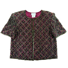 Vintage 90s Stenay Beaded Silk Evening Jacket Blouse Burgundy Black Gold Small