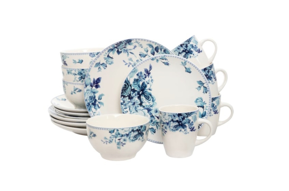 Elama 16-Piece Stoneware Dinnerware Set, Blue Rose NEW