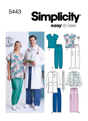 Simplicity Pattern 5443 Unisex Scrubs Doctor Lab Coat Nurse Med Tech Pants