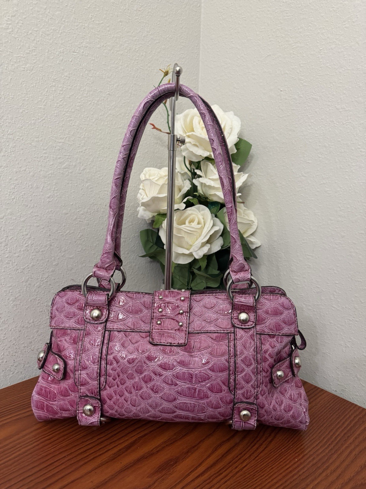 RARE Vintage Y2K pink Guess  studded buckle croc … - image 9