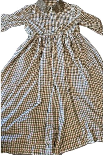 Handmade PRAIRIE Amish REENACTMENT DRESS Pioneer Colonial GREEN GINGHAM Cotton L - Picture 4 of 13