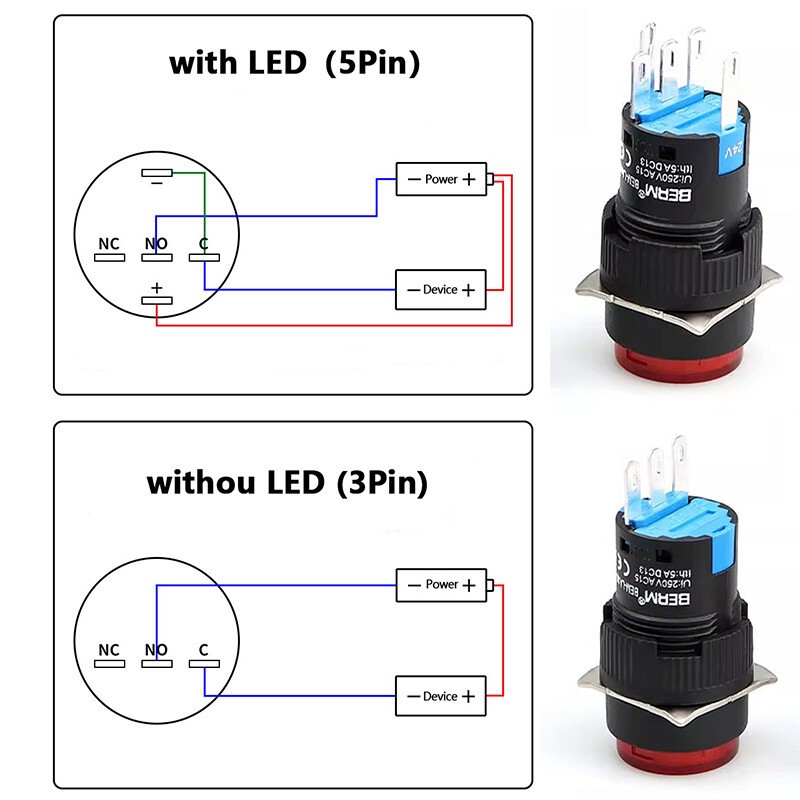 16mm 5A 12V 24V 220V LED Push Button Switch Momentary Latching ON/OFF 1 ...