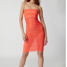 Urban Outfitters Coral Orange Ruched Mesh Strapless Bodycon Midi Tube Dress M