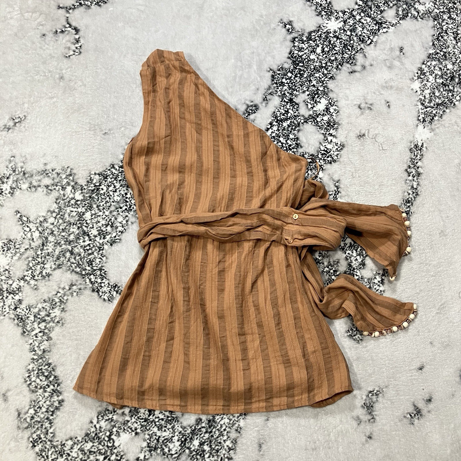 Zara One Shoulder Top NWT Striped Brown Tie Waist Beaded Sleeve Womens Sz XS