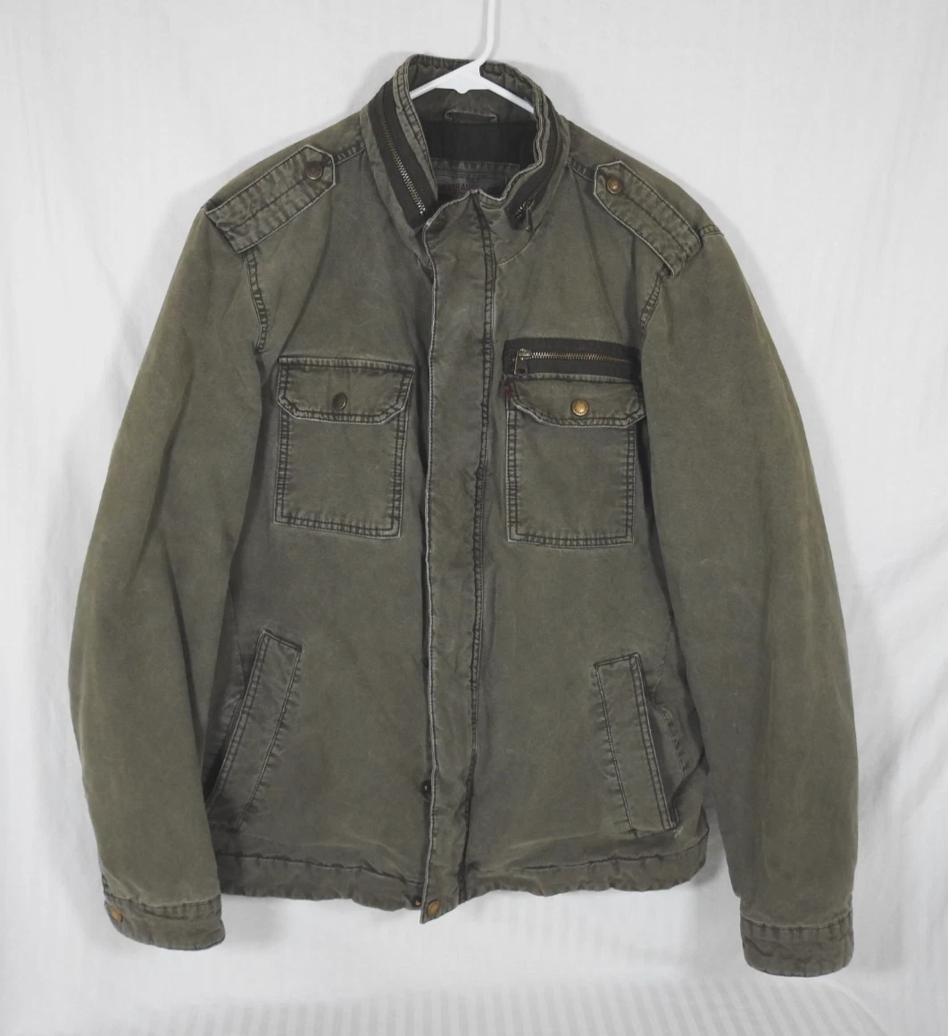 Men's Levi Strauss Faded Brown Zip Snap Button Canvas Bomber Jacket XL. Distress