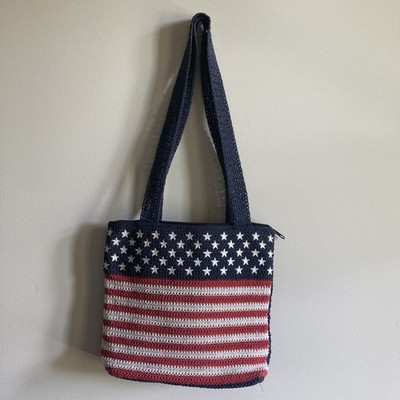 USA Stars Stripe Red White Blue Flag Crochet Shoulder Bag Zip