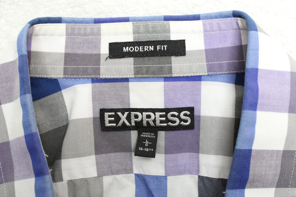 Express Shirt Mens Large Blue Purple Plaid Modern Fit Long Sleeve Button Front - Image 3 of 4