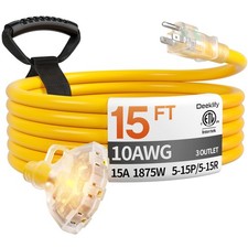 15 ft 10 Gauge Heavy Duty 3 Outlet Extension Cord Splitter with Indicator, Wa...